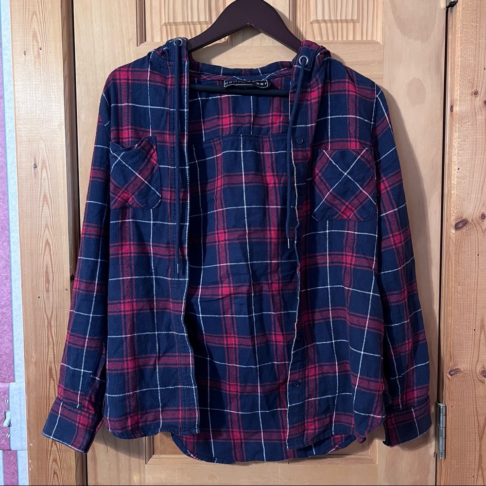 red & blue hooded flannel